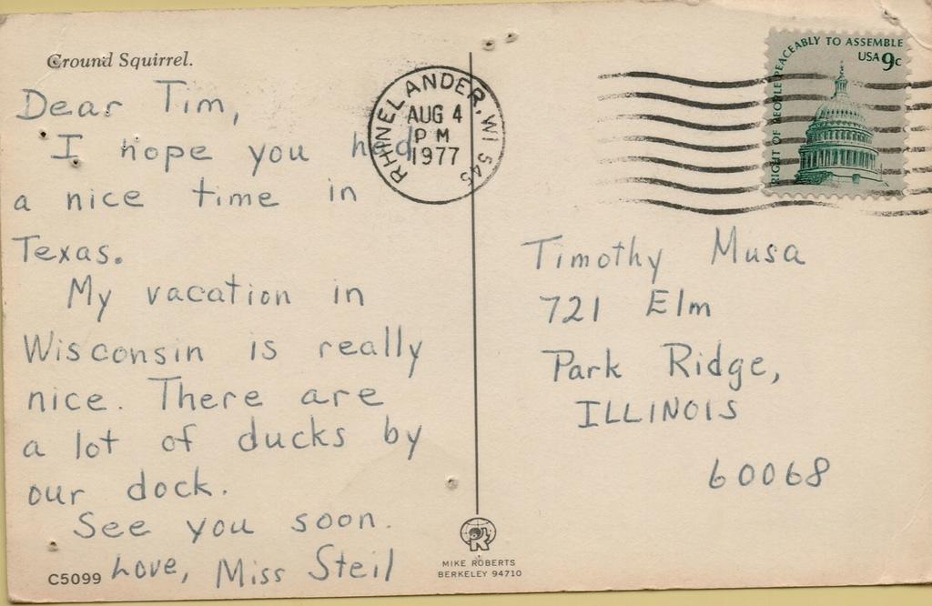 Postcard from Mrs Steil (Kindergarten teacher) 1977 B side