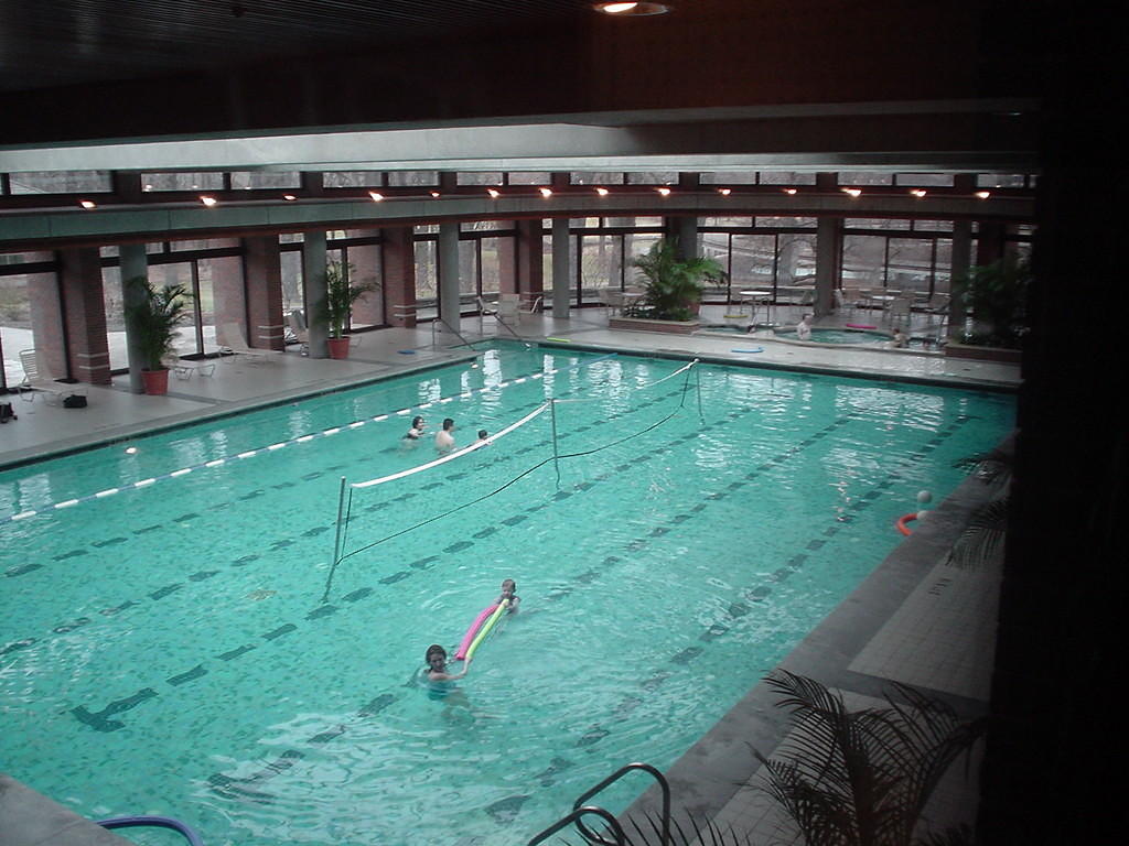 The very big lap pool at the lodge, with a volleyball net in the center.